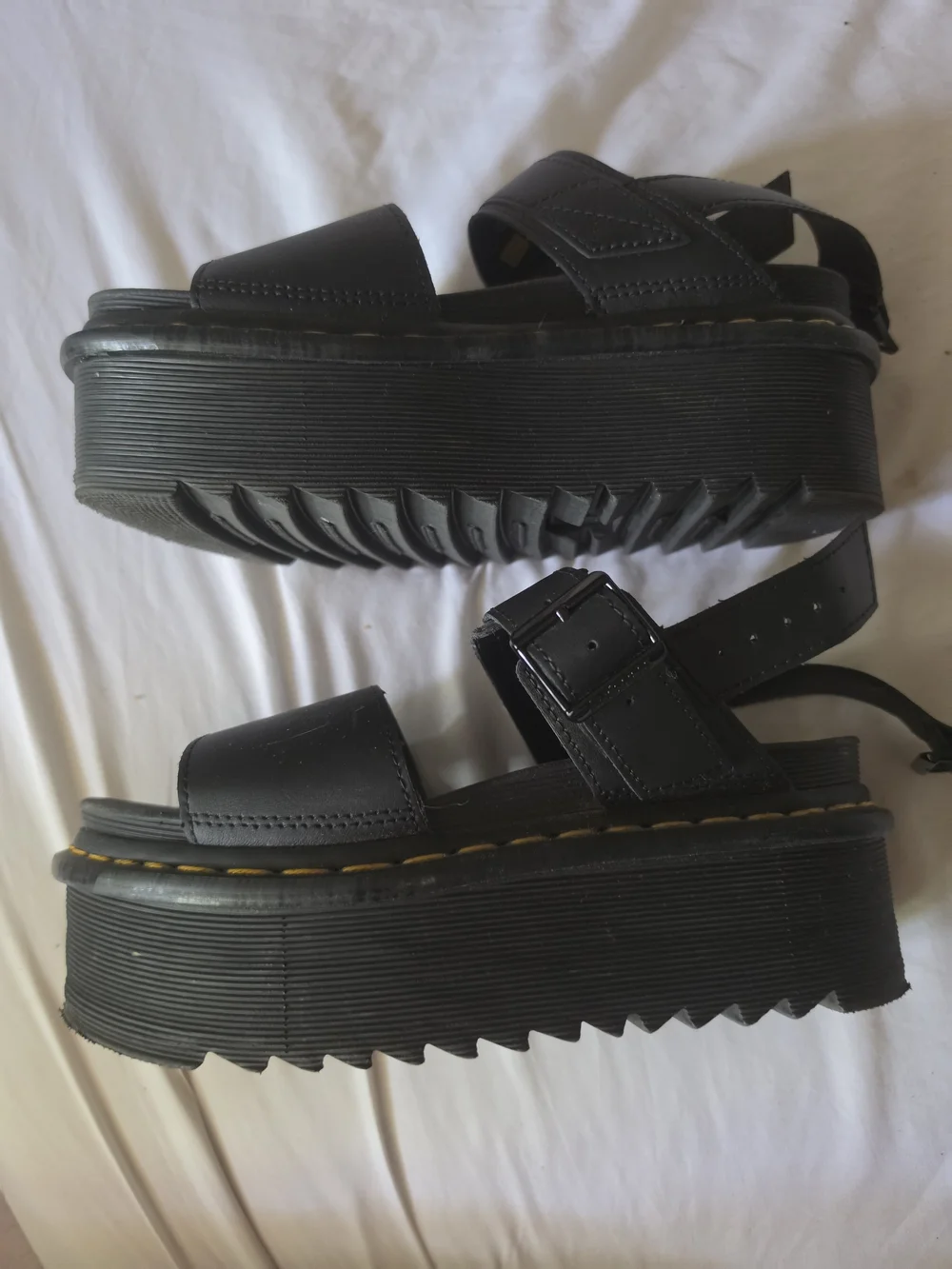 Doc Martins Black Platform Sandals with Yellow Stitching